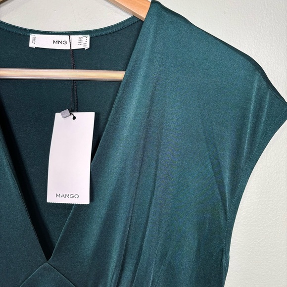 Mango MNG A-Line V-Neck Cap Sleeves Midi Satin Dress-Dark Green-Women Size 6 - Picture 4 of 7